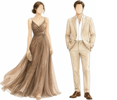 Ilustración en acuarela: una mujer con vestido largo y fluido color café y un hombre con traje claro de dos piezas